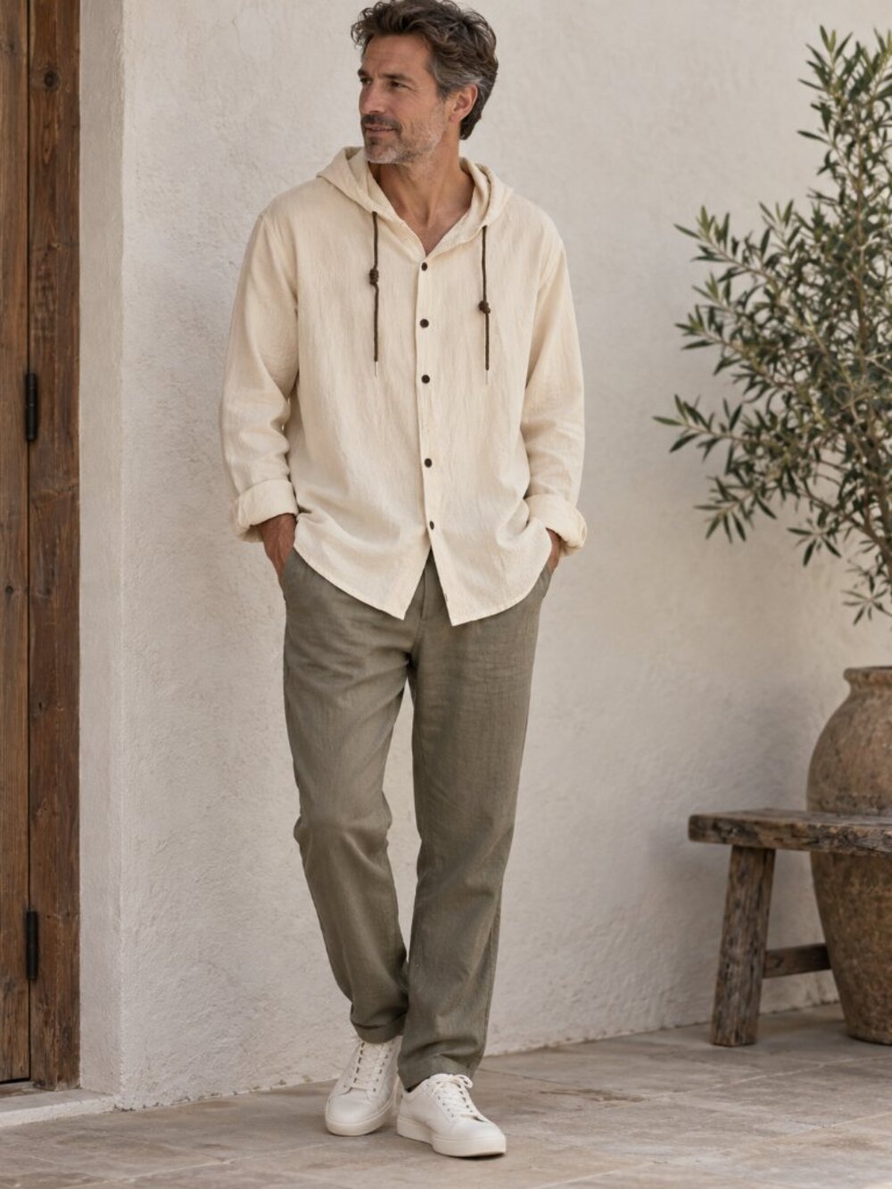 100% Cotton Men's Cream Hooded Button Front Shirt Size S Relaxed Fit PTP21